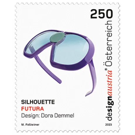 Austrian stamp 2023, nominal value 2.50 euros: Silhouette Futura glasses design by Dora Demmel.