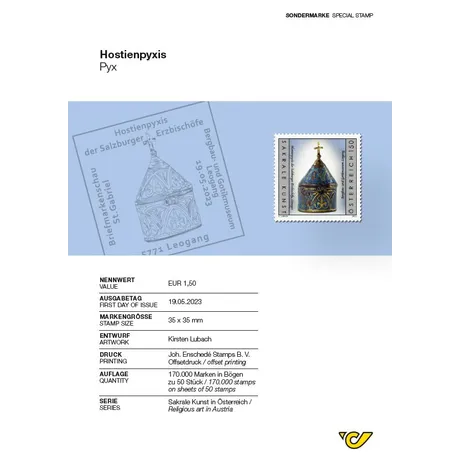 0a42f4e8dcaa2469862ab2cb3f02bea51bfffc90.jpg Austrian Post stamp 2023, €1.50: Hostienpyxis, Salzburg Archbishops, part of 'Religious Art in Austria' series.