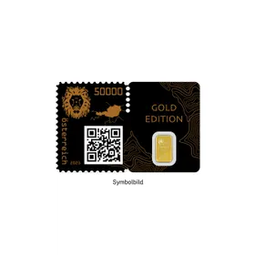 Austrian Post stamp 2023, Gold Edition, 50,000 Euro nominal, lion motif, QR code, Austria map, 1g gold bar included.