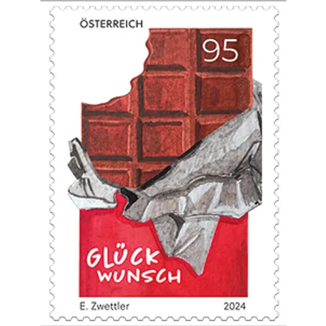 0507d0b2996704ed470f8be76a874bef7d42c164.png Briefmarke Österreich 2024, Nominale 0,95 Euro: Schokoladentafel mit Biss, rotes Papier, Text 'Glückwunsch'.