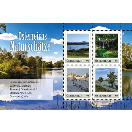 Austrian Post stamp sheet 2023, €0.95 each: Wallersee, Traunfall, Stubai Alps, Danube Island. Theme: Austria's natural treasures.