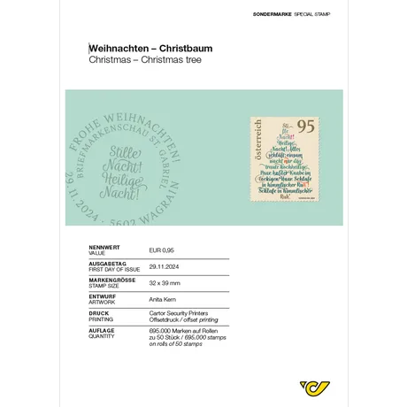 Briefmarke Österreich 2024, Nominale 0,95 €: Weihnachtsthema mit 'Stille Nacht'-Text, Ausgabe am 29.11.2024.