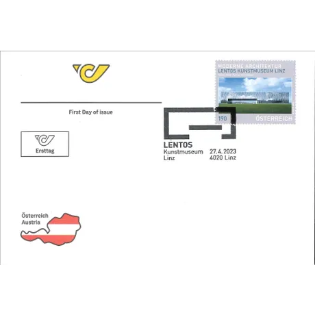 First day cover with Austrian Post stamp 2023, €1.90: Lentos Art Museum Linz, modern architecture theme.