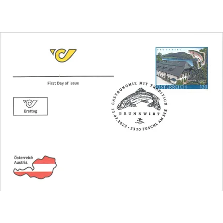 4d3252cbf29a1bdbc88380305bef4d02322356ce.jpg First day cover with Austrian Post logo, stamp 'Austria 2023, 1.20 Euro: Brunnwirt, Fuschl am See,' and special postmark.
