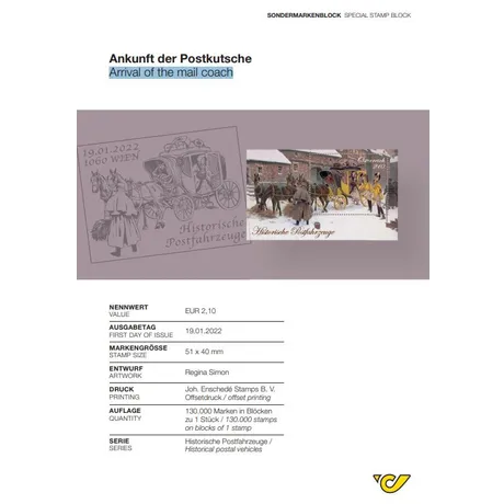 37a6a6b8a20966919eaeb3eed8e47d084c323ffd.jpg Austrian Post stamp 2022, €2.10: 'Arrival of the mail coach' from the series 'Historical postal vehicles'.