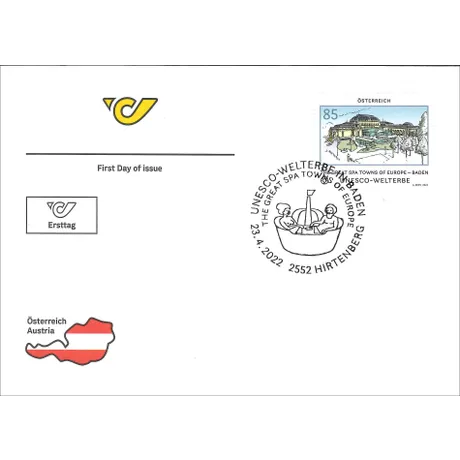 First day cover with Austrian Post stamp 2022, 0.85€, UNESCO World Heritage Baden, and special postmark.