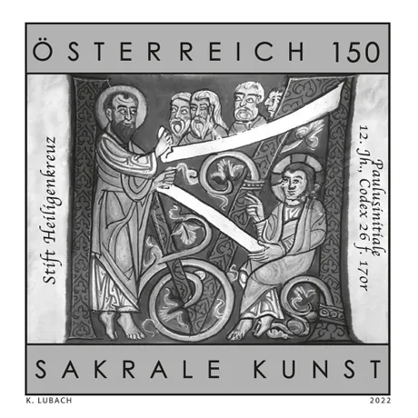 Briefmarke Österreich 2022, Nominale 1,50 €: Sakrale Kunst aus Stift Heiligenkreuz, Illustration aus dem 12. Jh.
