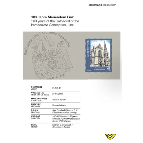 Austrian Post stamp 2024, €0.95: 100 years of Mariendom Linz, featuring the cathedral facade.