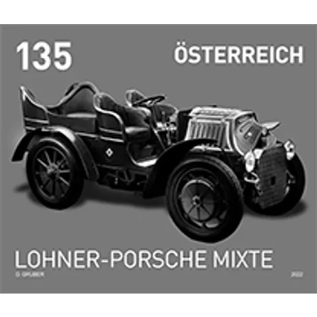 Austrian stamp 2023, nominal value 1.35 euros: Lohner-Porsche Mixte vintage car on a gray background.