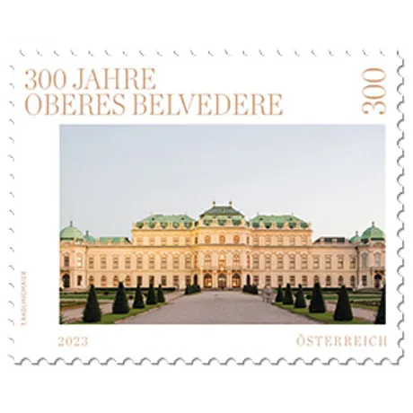Briefmarke Österreich 2023, Nominale 3,00 Euro: 300 Jahre Oberes Belvedere, zeigt das historische Schloss.