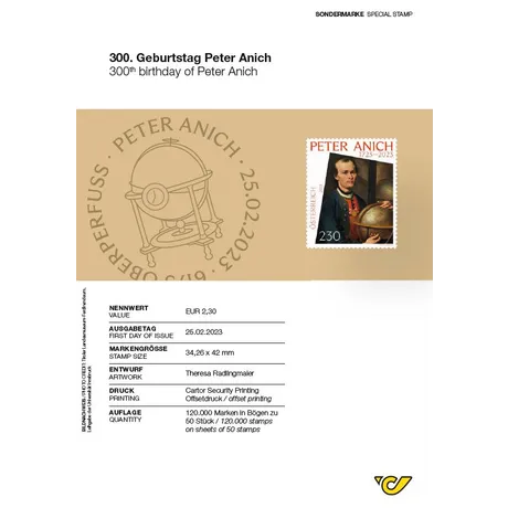 Austrian Post stamp 2023, €2.30: 300th birthday of Peter Anich, featuring his portrait and a globe.
