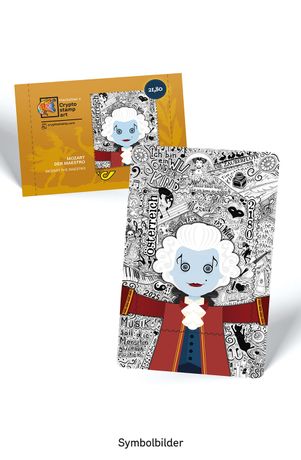 Crypto stamp mit künstlerischem Porträt von Mozart in Blau mit rotem Mantel musikalische Symbole Nominale 21,80 Österreich Jahr 2025