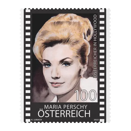 0b88ed11b9d2b5126ba316514a1772b2f29863c1.jpg Austrian stamp 2022, nominal value 1.00 Euro: Maria Perschy, Austrians in Hollywood series, filmstrip design.
