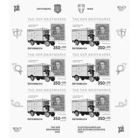 Austrian Post stamp sheet 2022, 'Day of the Stamp': 1st electric postal vehicle, Daimler 1913, nominal 3.50+1.75€.