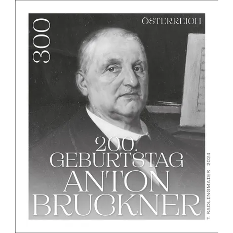 Briefmarke Österreich 2024, Nominale 3,00 Euro: 200. Geburtstag von Anton Bruckner, Porträt und Notenblatt.