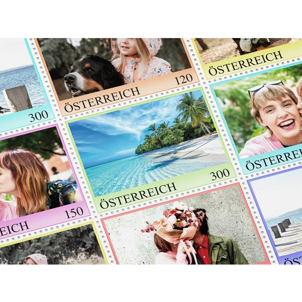 Eine Sammlung von Briefmarken der Österreichischen Post mit Motiven wie Natur, Tiere und Menschen, Nominale von 1,20 € bis 3,00 €.