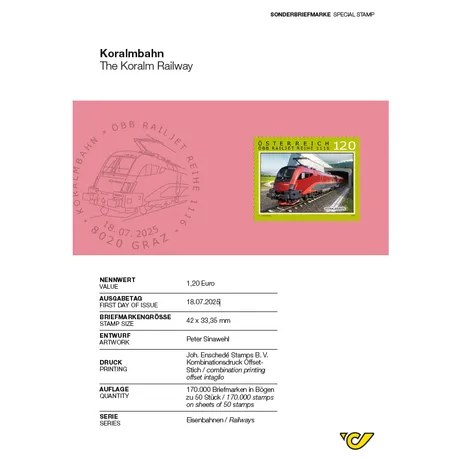 Koralmbahn Briefmarke Österreich 2025, Nominale 1,20 €: ÖBB Railjet Reihe 1116 auf der Koralmbahn, grüner Rand.