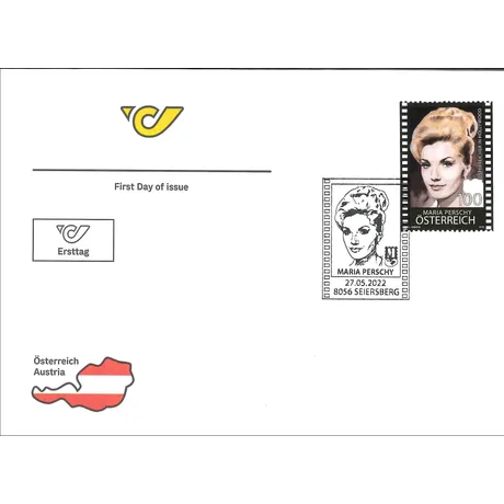 First day cover with Austrian Post stamp 2022, 1.00 Euro: Maria Perschy, and matching postmark from Seiersberg.