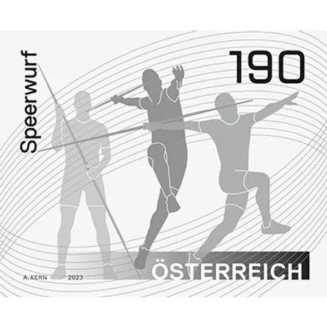 eed559eb7988fd254860c501ef6c6eff3b785534.jpg Austrian stamp 2023, nominal value 1.90 euros: Javelin throw motif with dynamic athlete silhouettes.