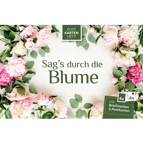 Postkartenheft der Österreichischen Post 'Sag's durch die Blume' mit Blumenmotiv, enthält 4 Briefmarken und 4 Postkarten.