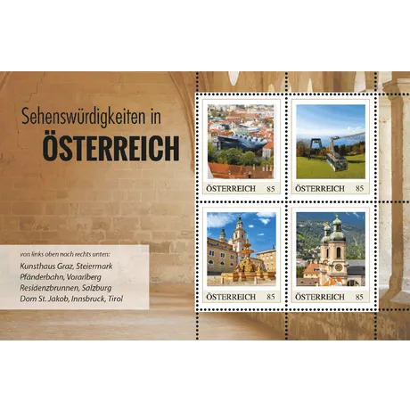 Briefmarkenblock Österreich 2023, Nominale 0,85 €: Kunsthaus Graz, Pfänderbahn, Residenzbrunnen Salzburg, Dom St. Jakob Innsbruck.