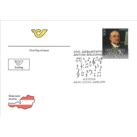 FDC_200. Geburtstag Anton Bruckner_0924 First day cover with Austrian Post logo, stamp 'Austria 2024, 3.00 Euro: 200th Birthday Anton Bruckner' and musical notes.