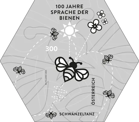 31240e69bb555464f0d3105952f5aa31195ed7c1.png Briefmarke Österreich 2023, Nominale 3,00 Euro: '100 Jahre Sprache der Bienen' mit Bienen und Schwänzeltanz-Pfaden.