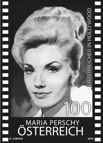 Austrian Post stamp 2022, nominal value 1.00 Euro: Maria Perschy, Austrians in Hollywood theme.