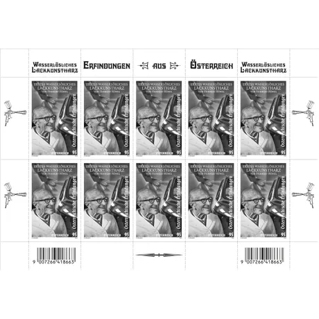 Austrian Post stamp sheet 2023, 0.95 Euro: Herbert Hönel and water-soluble lacquer resin invention, black and white design.