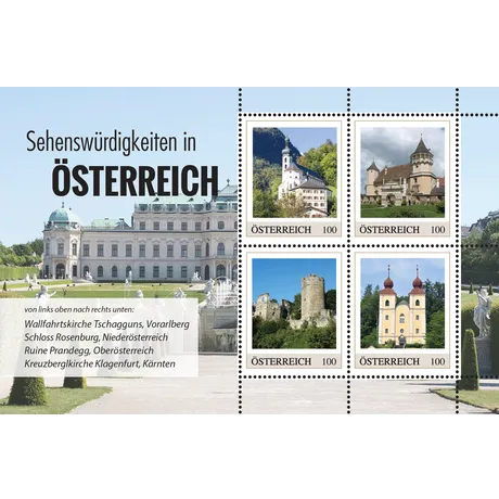 Austrian Post 2023 stamp set 'Sights in Austria', €1.00 each: Tschagguns Church, Rosenburg Castle, Prandegg Ruin, Klagenfurt Church.
