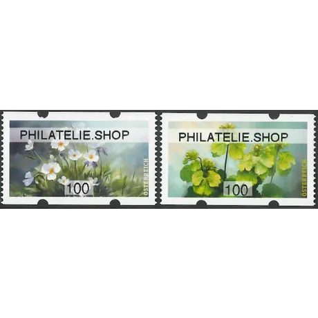 Austrian Post stamps 100 Eurocents, 2023: left with white flowers, right with green leaves, 'PHILATELIE.SHOP'.