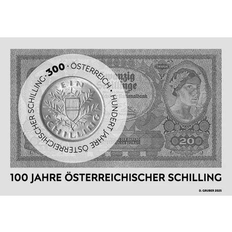 Briefmarke Österreich 2025, Nominale 3,00 Euro: 100 Jahre Österreichischer Schilling, mit Münze und Banknote.