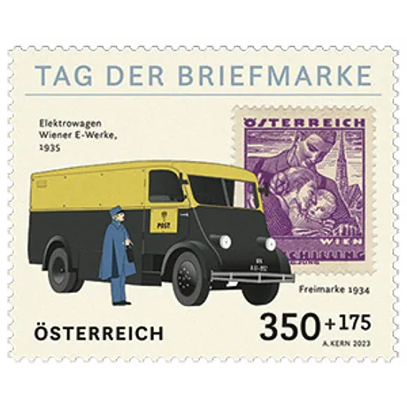 21a14ed1c7aedb6a12b3511cda87959b5291845b.jpg Austrian stamp 2023, nominal 3.50+1.75 euros: Electric postal van, Wiener E-Werke 1935, and 1934 stamp design.
