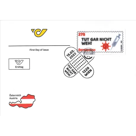 5a39236fe91de6bc80b854694ddce1a78bce680d.jpg Austrian Post first day cover with 2022 stamp 'Tut gar nicht weh!' featuring a syringe and virus symbol.