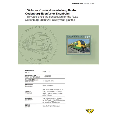 c3274b07d11b32e00279dc65a3b640fea5ca8f77.png Austrian Post stamp 2022, €2.75: 150 years of Raab-Oedenburg-Ebenfurt Railway concession, featuring a modern train.