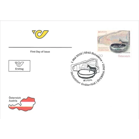 Ersttagsbrief mit Post-Logo, Briefmarke Österreich 2025 'Hallstätter Gräberfeld' (1,20 €) und Sonderstempel.