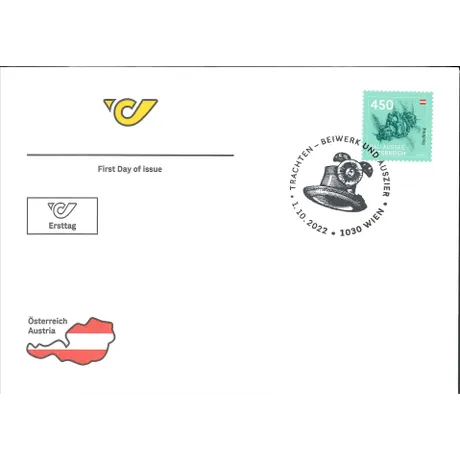 ddfd818dfe0b9a003aa2b3afec88eda60ea161fb.jpg Ersttagsbrief der Österreichischen Post mit Briefmarke 2022 'Österreich 4,50 EUR: Bad Aussee Tracht' und Sonderstempel.
