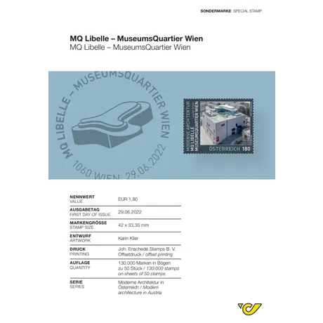 Austrian Post stamp 2022, €1.80: MQ Libelle, MuseumsQuartier Vienna, modern architecture series.