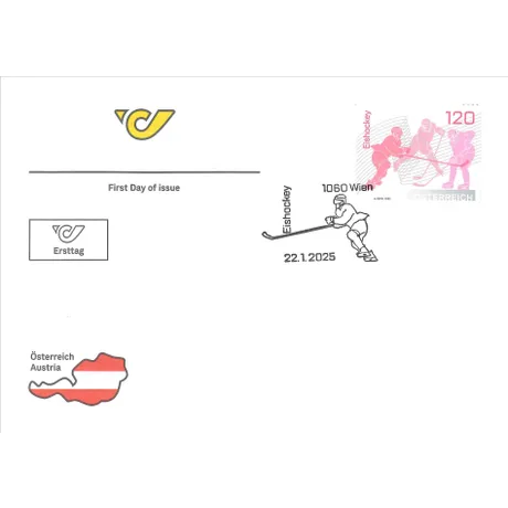 Ersttagsbrief der Österreichischen Post mit Briefmarke Eishockey, 1,20 Euro, Ausgabe am 22.1.2025 in 1060 Wien.