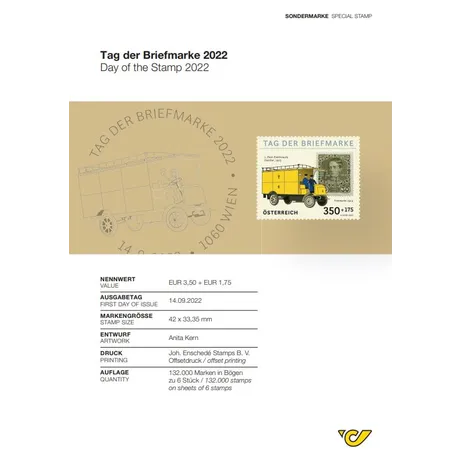 3dfc7eea1f587ab7c8a6cb50285dfc9d0b7d7a59.jpg Austrian Post stamp 'Day of the Stamp 2022', €3.50+€1.75, featuring a yellow postal vehicle and Franz Joseph I.