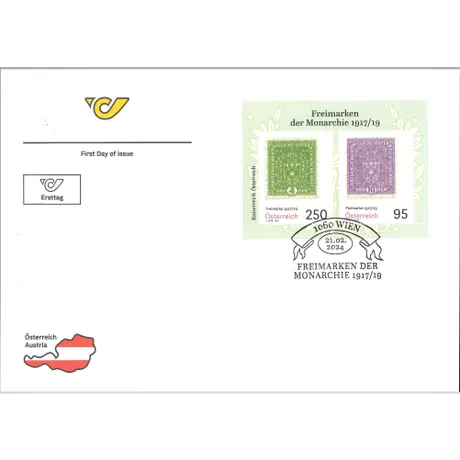 First Day Cover by Austrian Post with two stamps 'Freimarken der Monarchie 1917/19', nominal values 2.50€ and 0.95€.
