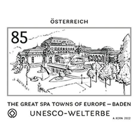 Austrian stamp 2022, nominal value 0.85 euros: UNESCO World Heritage Baden, Great Spa Towns of Europe.