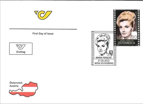 1bac0d60cd4b2944bba2c06c9eb7244d6fcf49a5.jpg Ersttagsbrief mit Briefmarke Österreich 2022, Nominale 1,00 Euro: Maria Perschy, und passendem Stempel aus Seiersberg.