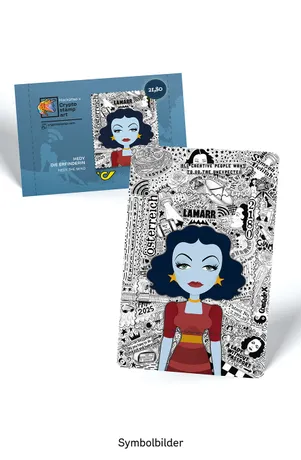 Crypto stamp mit stilisiertem Porträt von Hedy Lamarr mit blauen Haaren und Stern-Ohrringen. Zeichnungen im Hintergrund. Nominale 21,80, Österreich, Jahr 2025