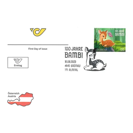 e9eb44644778480872e3451e5d76d4eeaa4a21eb.jpg Ersttagsbrief mit Briefmarke Österreich 2023, Nominale 1,20 Euro: '100 Jahre Bambi', Motiv Rehkitz im Wald.