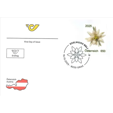 First Day Cover for the special stamp “Edelweiss Reloaded” featuring a €6.50 stamp, commemorative postmark with Edelweiss design dated October 18, 2025 from Graz, and design elements like Austria map and postal logo.