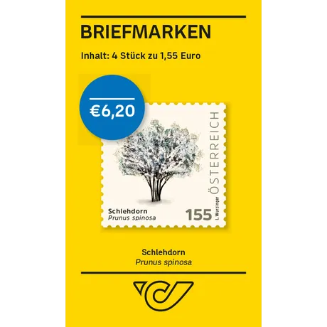 Schlehdorn – Prunus spinosa Briefmarken-Set der Österreichischen Post: 4 Marken zu je 1,55 €, Motiv Schlehdorn (Prunus spinosa). Gesamt 6,20 €.
