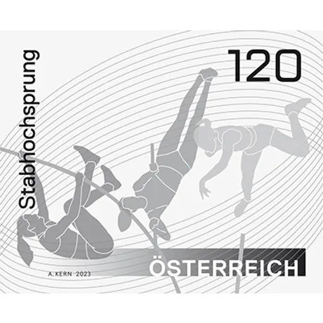 Austrian stamp 2023, nominal value 1.20 euros: Pole vault motif with dynamic athlete silhouettes.