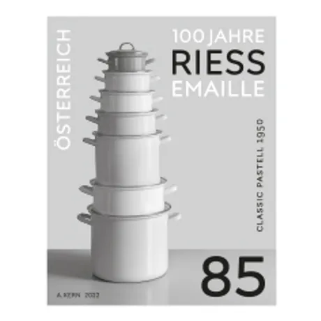 91221e0d49ee47fc66822d1d89638ed6a325b071.jpg Austrian stamp 2023, nominal value 0.85 euros: 100 years of Riess enamel, featuring stacked white pots.