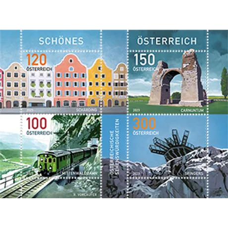 b93e1619b673c050d49f4d43e69243d87c4bc5a6.jpg Austrian Post 2023 stamp set 'Beautiful Austria': Schärding (120€), Carnuntum (150€), Vorarlberg (100€), Semmering (300€).